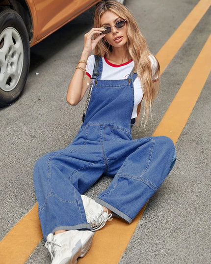 Wide Strap Wide Leg Denim Overalls - ShopEasier