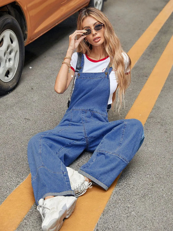 Wide Strap Wide Leg Denim Overalls - ShopEasier