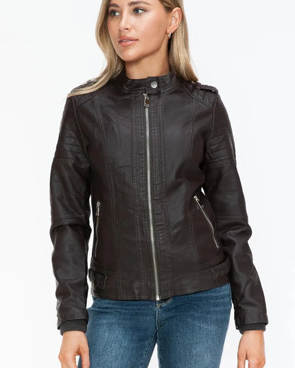 Snobbish PU Leather Biker Jacket with Side Zip Pockets - ShopEasier