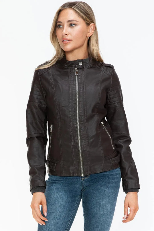 Snobbish PU Leather Biker Jacket with Side Zip Pockets - ShopEasier