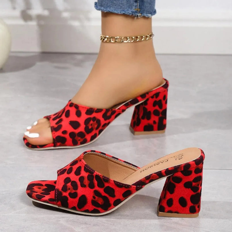 Leopard Print Suede Mid Heel Sandals