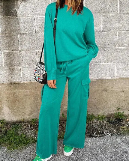 Full Size Round Neck Long Sleeve Top and Drawstring Pants Set - ShopEasier