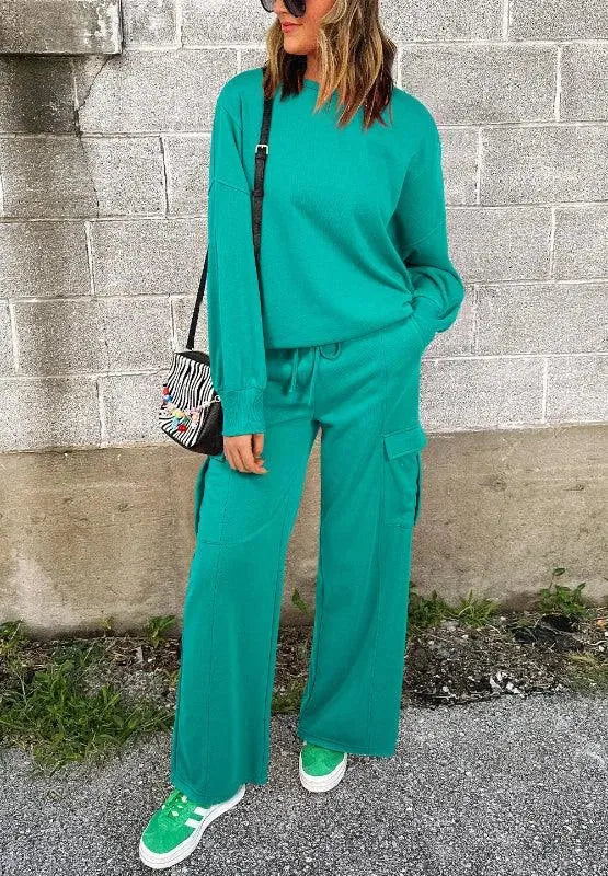 Full Size Round Neck Long Sleeve Top and Drawstring Pants Set - ShopEasier