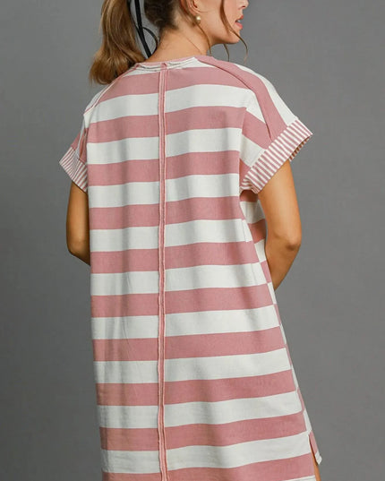 Umgee Peace Applique Striped Short Sleeve Mini Dress