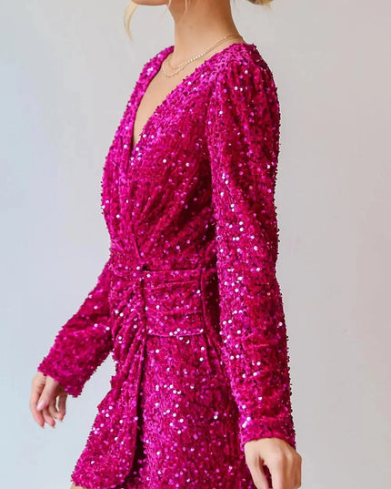 Sequin Surplice Long Sleeve Mini Dress