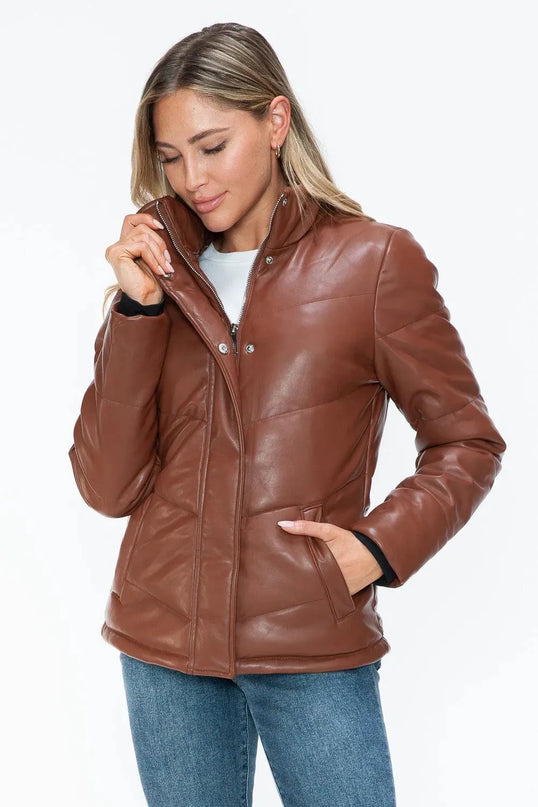 Snobbish Pocketed Zip Up Turtleneck Puffer Jacket - ShopEasier