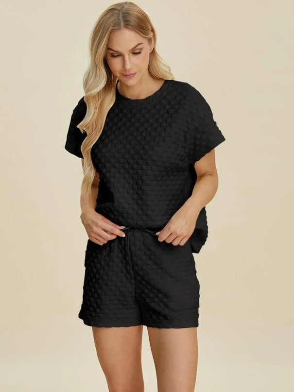 Dual Style Full Size Textured Tee and Shorts Ensemble