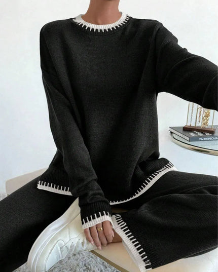 Side Slit Contrast Trim Round Neck Top and Pants Sweater Set