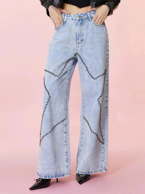 Studded Star Straight Jeans with Pockets - ShopEasier