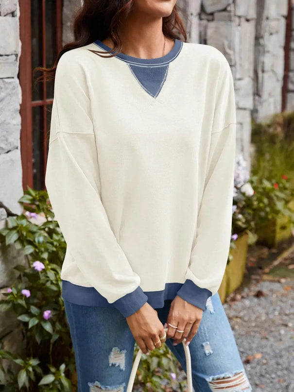 Contrast Lovelet Round Neck Long Sleeve Pullover