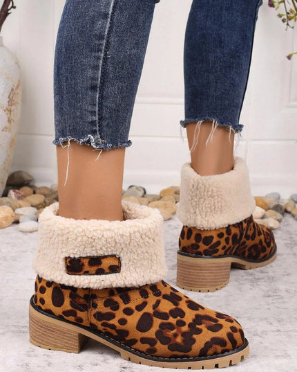 Leopard Block Heel Fuzzy Boots - ShopEasier