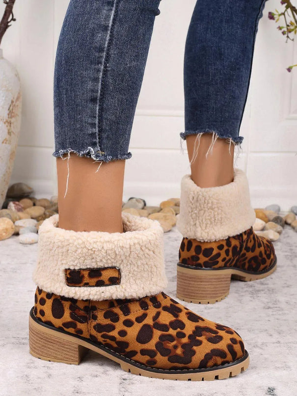 Leopard Block Heel Fuzzy Boots - ShopEasier