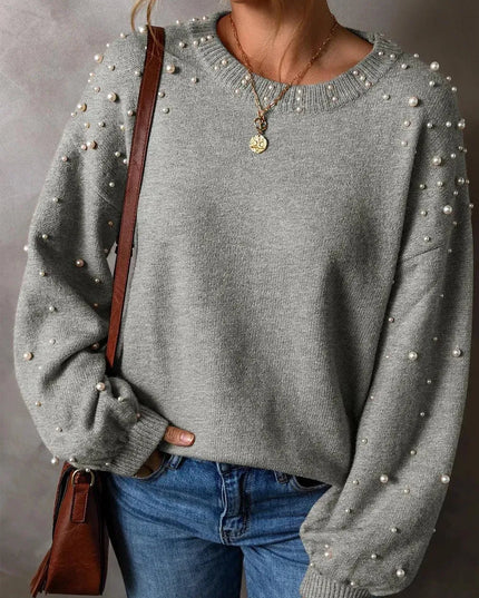 Elegant Pearl-Embellished Long Sleeve Knit Sweater