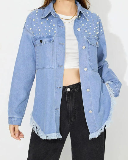 Raw Hem Pearl Trim Collared Neck Denim Top - ShopEasier