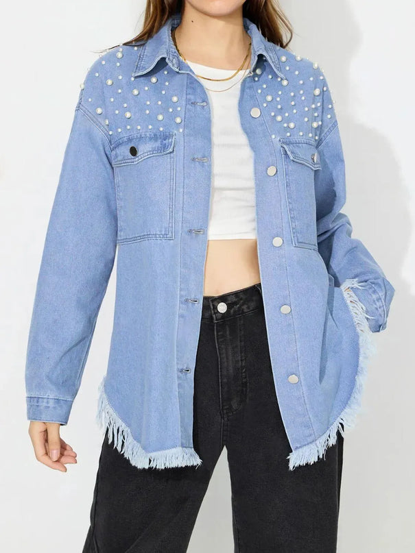 Raw Hem Pearl Trim Collared Neck Denim Top - ShopEasier