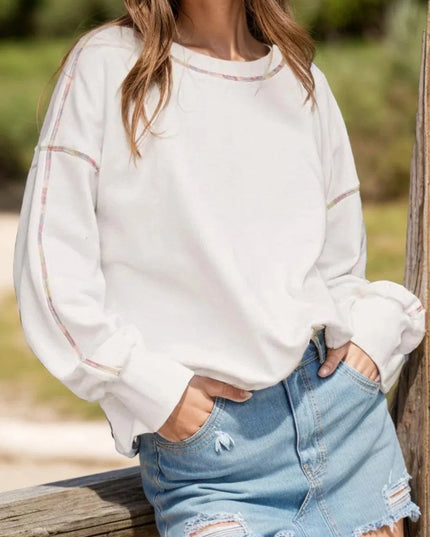 Colorful Trimmed Long Sleeve Sweatshirt with Round Neck