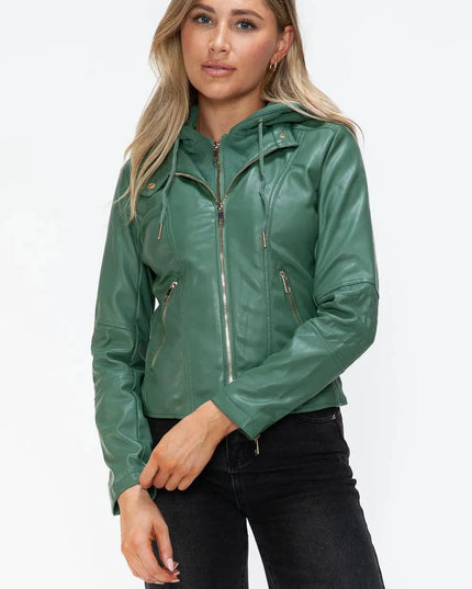 Snobbish Faux Leather Zip Up Drawstring Hooded Jacket - ShopEasier