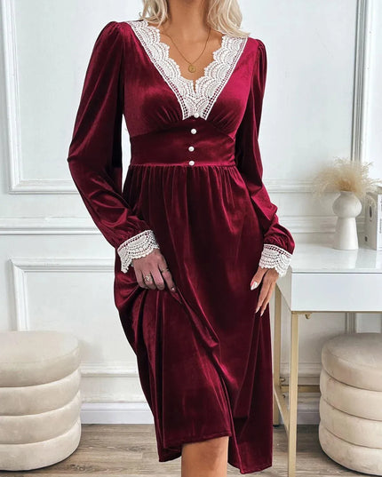 Perfee Lace Detail V-Neck Long Sleeve Midi Dress