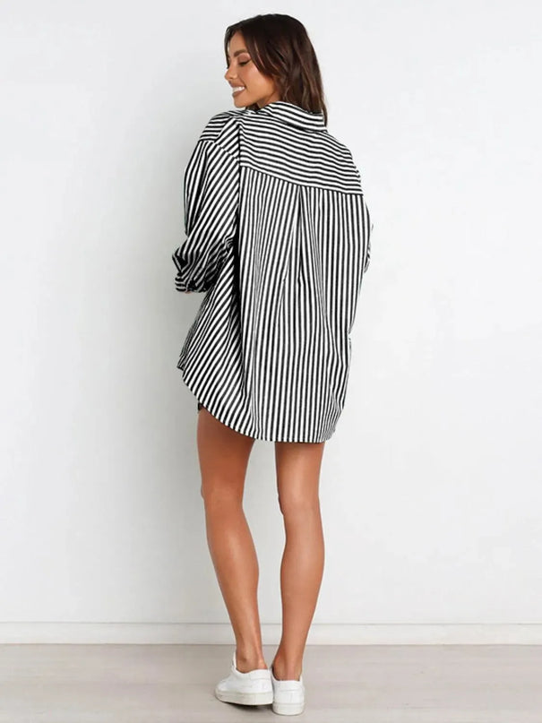 Striped Short Sleeve Button-Up Shirt and Shorts Combo Set