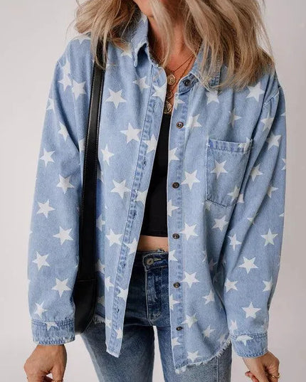 Raw Hem Star Collared Neck Denim Top - ShopEasier