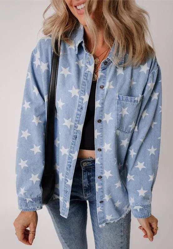 Raw Hem Star Collared Neck Denim Top - ShopEasier