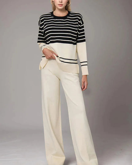 Basic Bae Striped Round Neck Long Sleeve Top and Pants Sweater Set