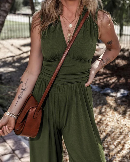 V-Neck Sleeveless Wide Leg Jumpsuit - ShopEasier