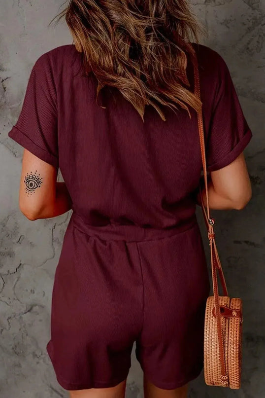 Full Size Drawstring V-Neck Short Sleeve Romper - ShopEasier