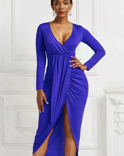 High-low Ruched Surplice Long Sleeve Dress