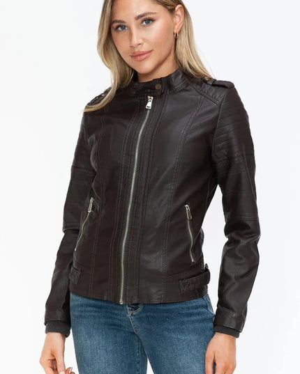 Snobbish PU Leather Biker Jacket with Side Zip Pockets - ShopEasier