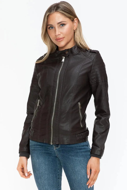 Snobbish PU Leather Biker Jacket with Side Zip Pockets - ShopEasier