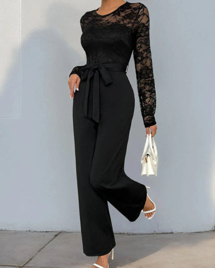 Perfee Lace Round Neck Long Sleeve Jumpsuit - ShopEasier