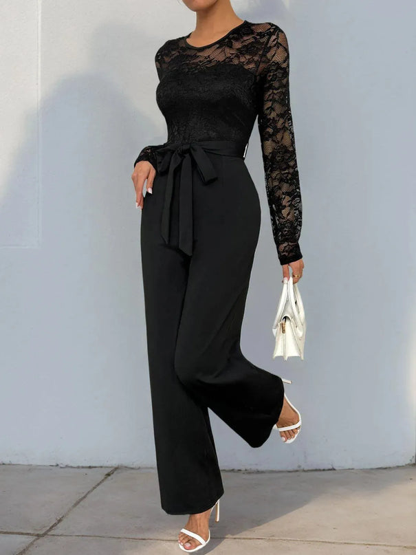 Perfee Lace Round Neck Long Sleeve Jumpsuit - ShopEasier