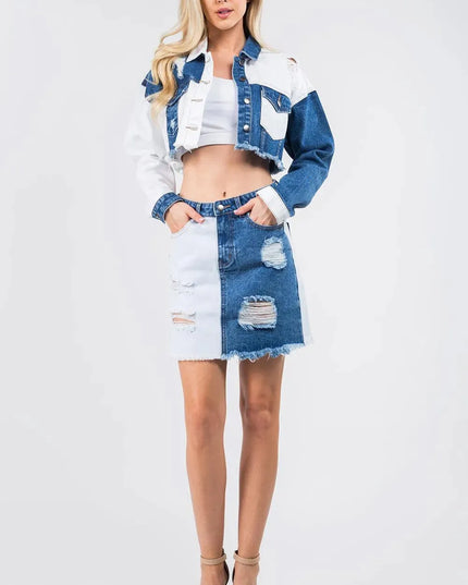 Edgy Contrast Patchwork Frayed Denim Distressed Skirt