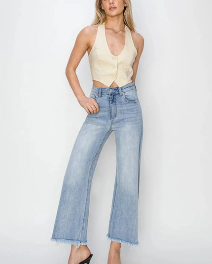 RISEN High Rise Crop Wide Fray Hem Jeans - ShopEasier