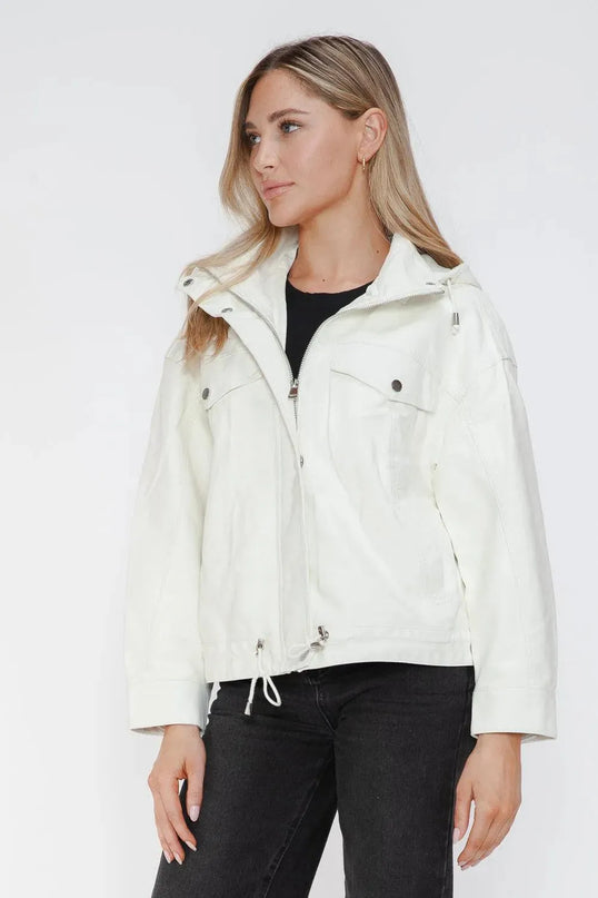 How Dare U Drawstring Hem PU Leather Zip Up Jacket - ShopEasier