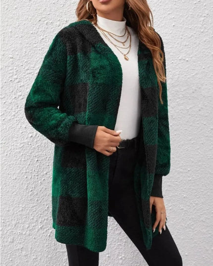 Plaid Long Sleeve Hooded Coat - ShopEasier