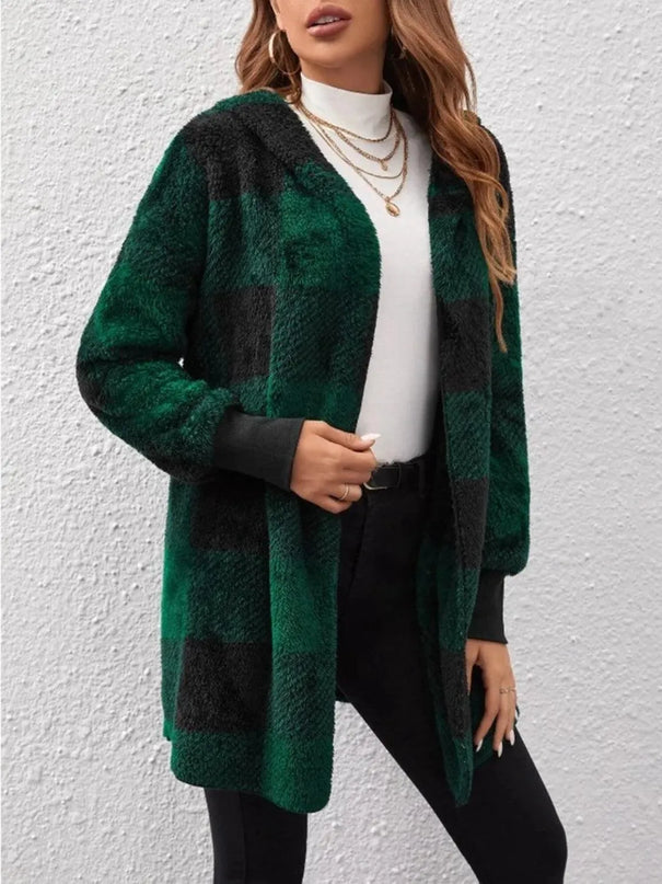 Plaid Long Sleeve Hooded Coat - ShopEasier