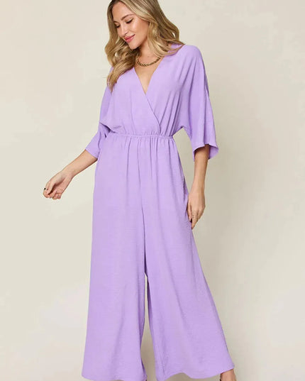 Double Take Full Size Surplice Wide Leg Jumpsuit with Pockets - ShopEasier