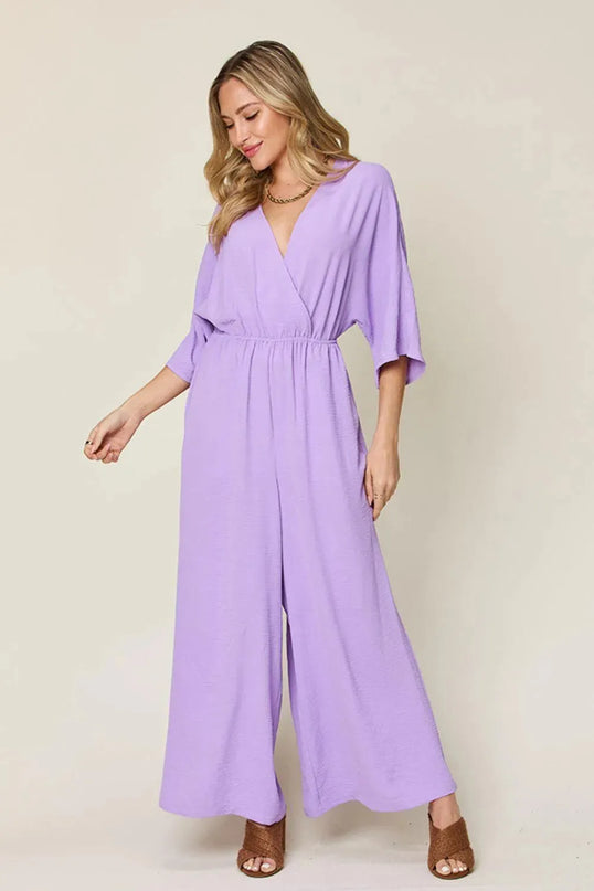 Double Take Full Size Surplice Wide Leg Jumpsuit with Pockets - ShopEasier