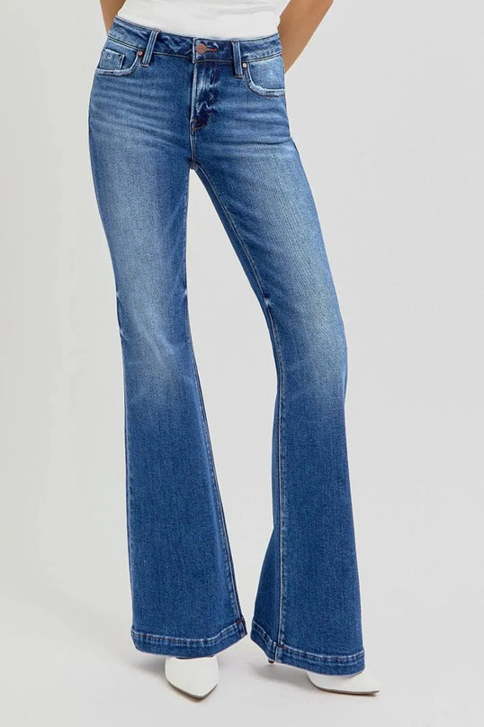 RISEN Full Size Low Rise Flare Jeans with Pockets - ShopEasier