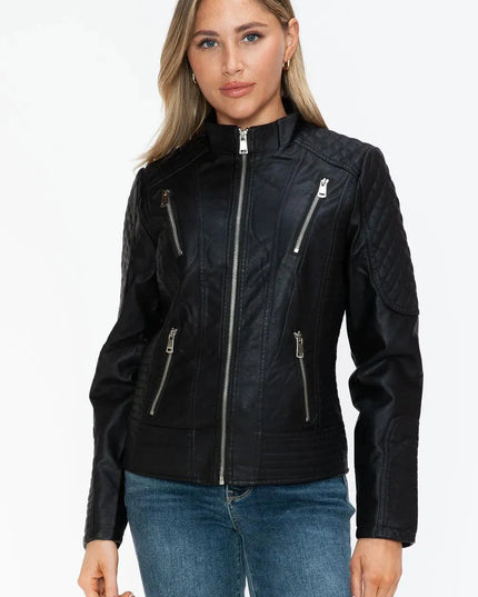 Snobbish Faux Leather Zip Up Mock Neck Jacket - ShopEasier