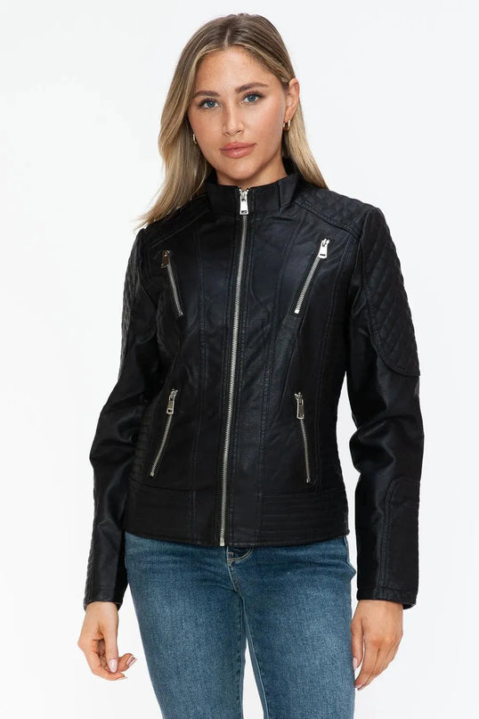 Snobbish Faux Leather Zip Up Mock Neck Jacket - ShopEasier