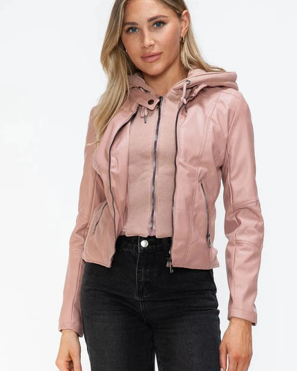 Snobbish Faux Leather Zip Up Drawstring Hooded Jacket - ShopEasier