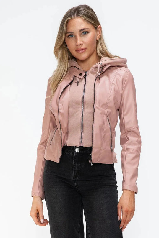 Snobbish Faux Leather Zip Up Drawstring Hooded Jacket - ShopEasier