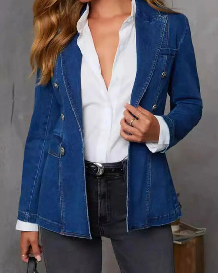 Collared Neck Long Sleeve Denim Jacket - ShopEasier