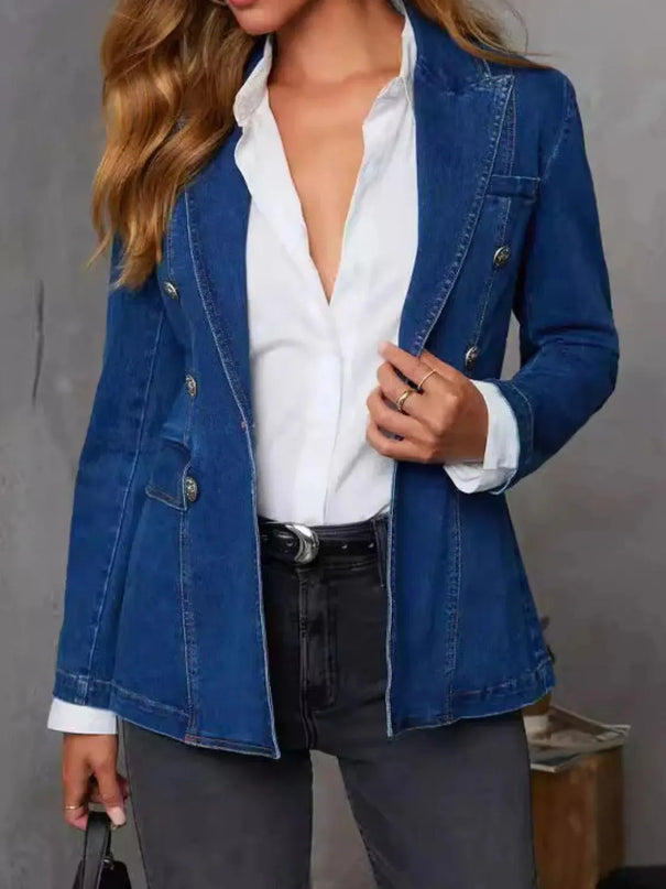 Collared Neck Long Sleeve Denim Jacket - ShopEasier