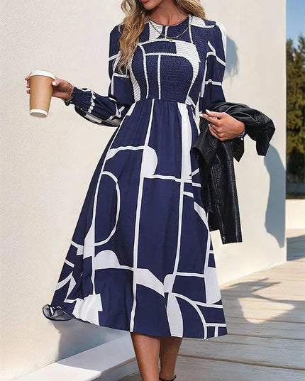 Perfee Smocked Color Block Long Sleeve Midi Dress - ShopEasier