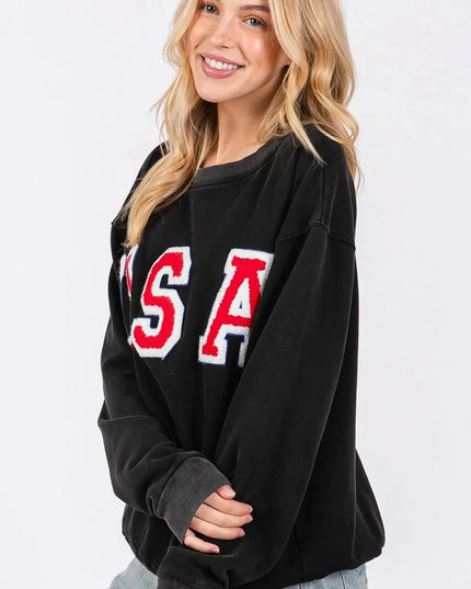 USA Letter Patch Classic Round Neck Sweatshirt by SAGE + FIG