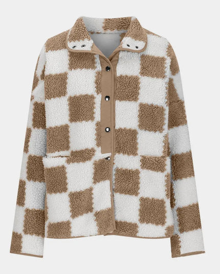 Checkered Snap Down Long Sleeve Teddy Jacket - ShopEasier